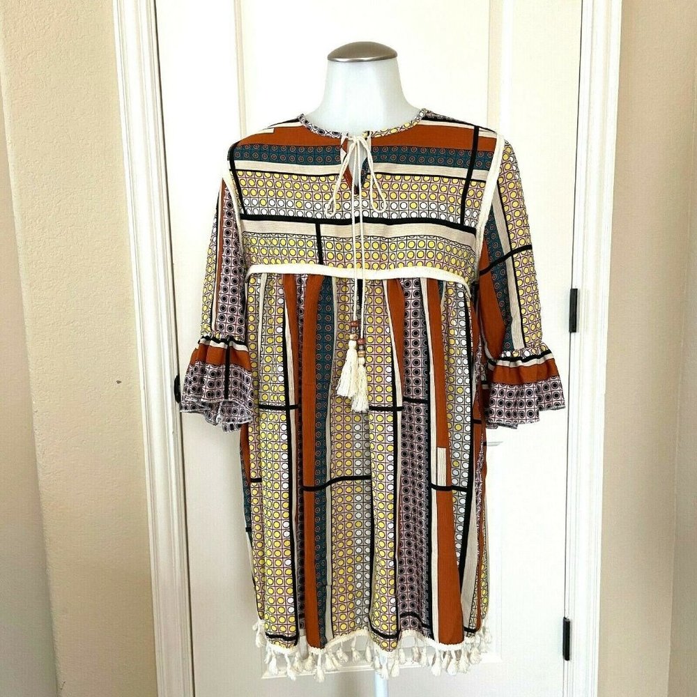 Bohemian Geometric Mini Dress / Tunic BabyDoll Blouse Ruffle Tassels Size: S/M?
